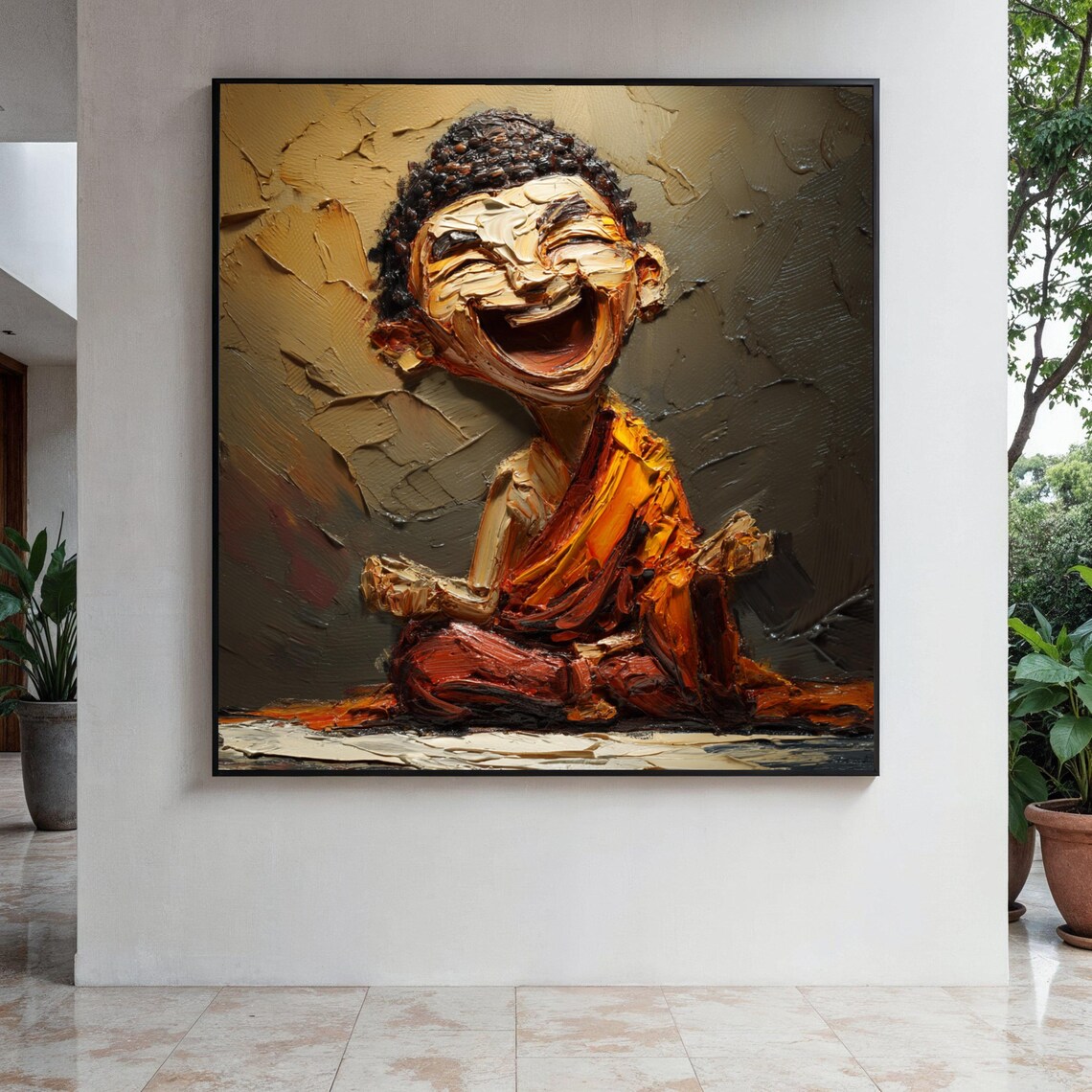 Laughing Buddha Monk In Impasto Palette Knife Painting With Warm Tones Poster