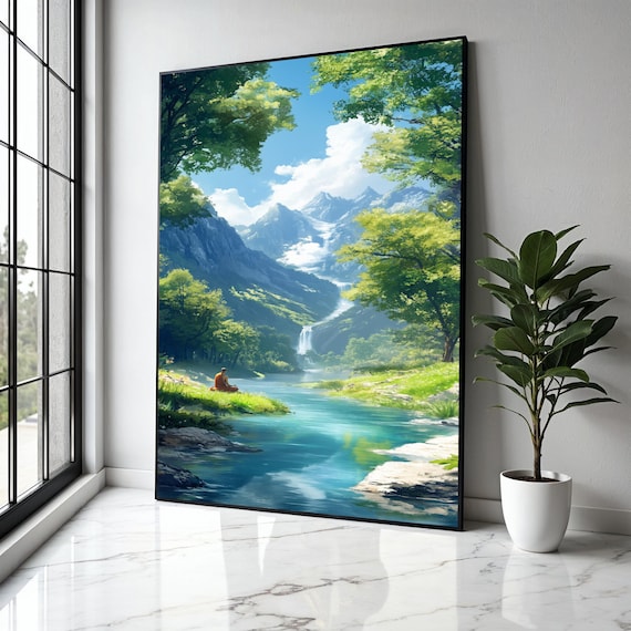 Monk Meditating Riverbank Mountain Waterfall Forest Art Poster