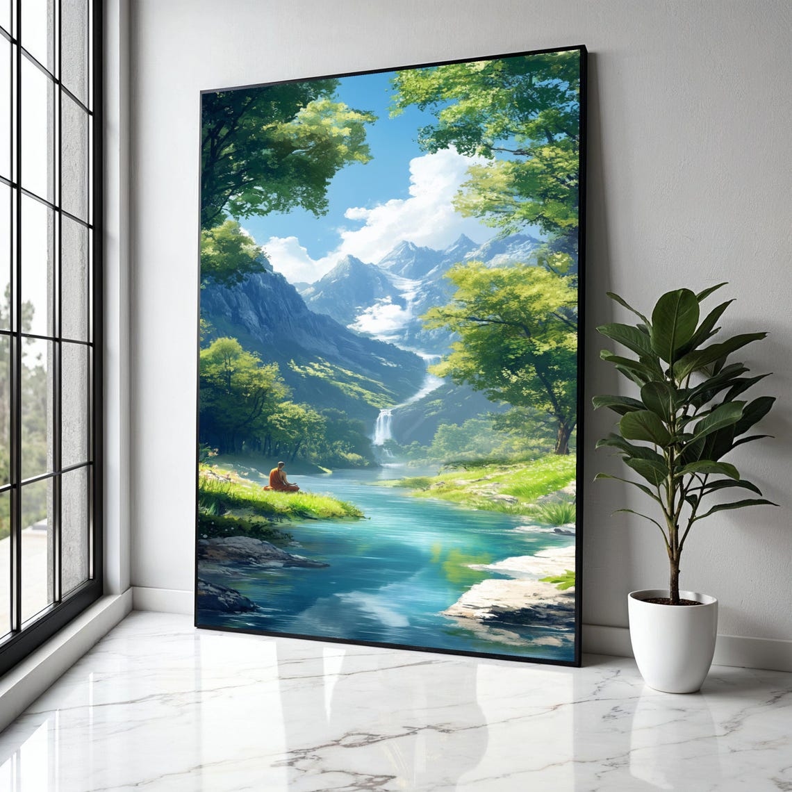Monk Meditating Riverbank Mountain Waterfall Forest Art Poster