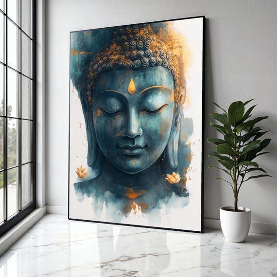Tranquil Buddha Face Canvas Wall Art Spiritual Meditation Decor Zen Blue And Gold Portrait Peaceful Gift Home Print