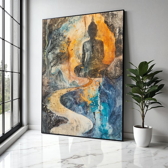 Buddha Silhouette Golden Light Path Abstract Art Style Poster