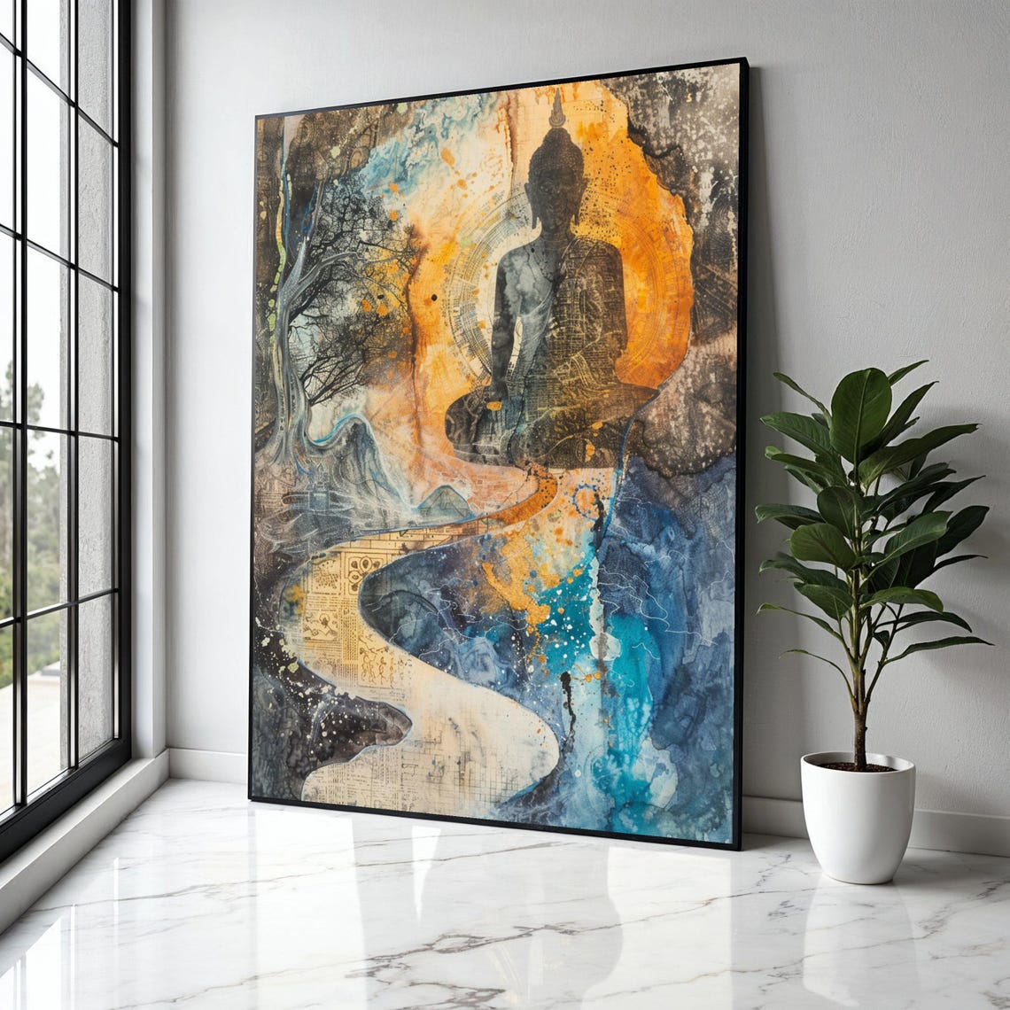 Buddha Silhouette Golden Light Path Abstract Art Style Poster