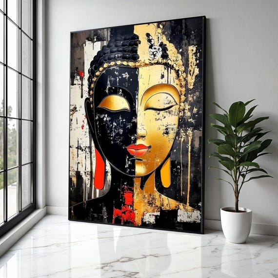 Modern Buddha Face Canvas Wall Art Dual Tone Abstract Painting Spiritual Home Decor Zen Meditation Gift Print