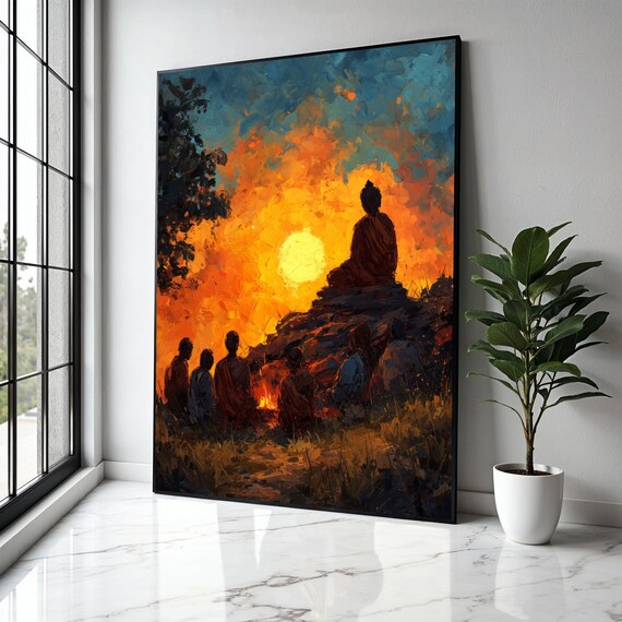 Buddha Silhouette Sunset Impasto Oil Painting Meditation Zen Art Poster