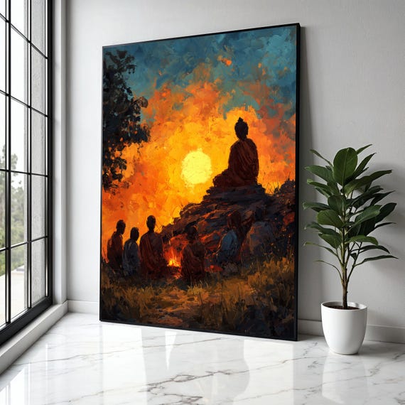 Meditative Monk Silhouette At Sunset Spiritual Canvas Wall Art Tranquil Nature Scene Zen Buddhist Gift Home Decor Print