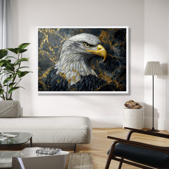 Majestic Bald Eagle Canvas Wall Art Gold Marble Background Wildlife Nature Print Bold Bird Portrait Gift Home Decor