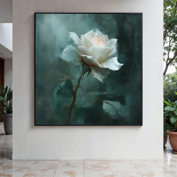 Elegant White Rose Floral Art Print, Romantic Decor