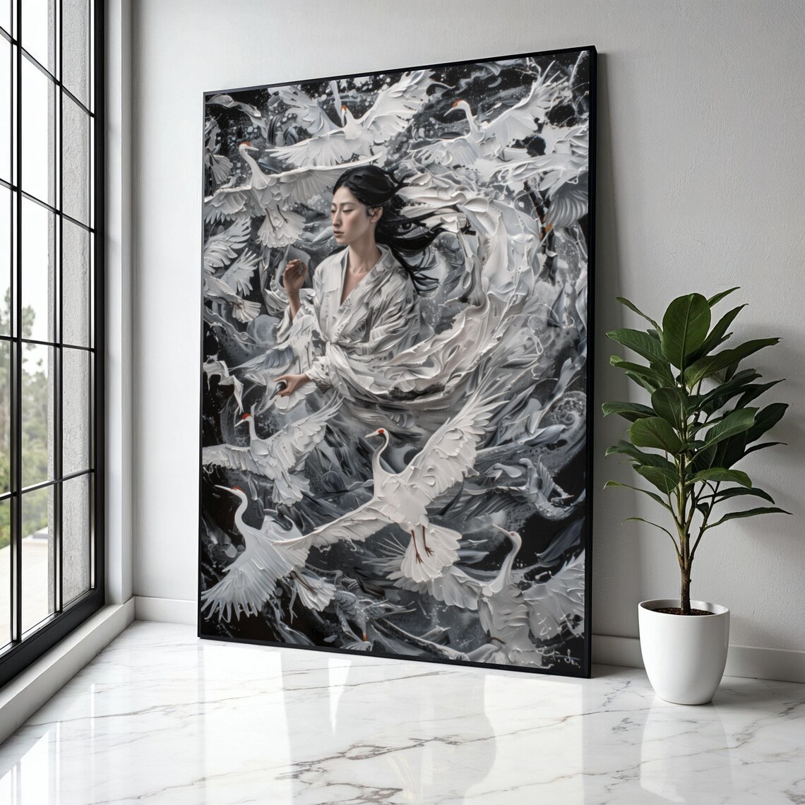 Serene Woman White Robe Cranes Monochrome Elegant Peace Art Poster