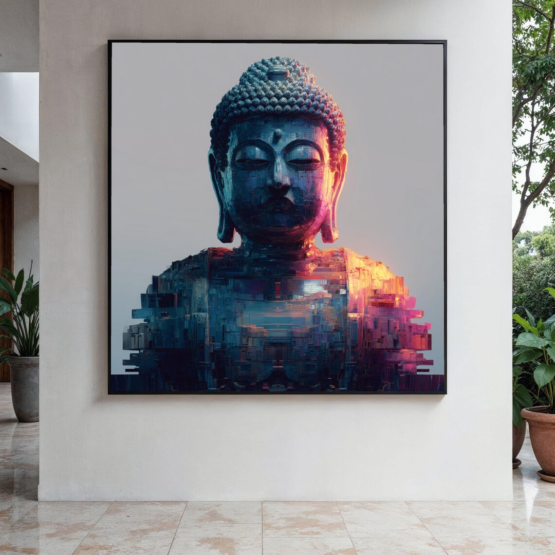 Digital Glitch Buddha Bust In Blue And Pink Gradient On Gray Art Poster