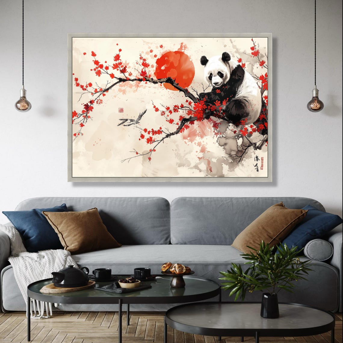 Panda on Red Maple Branch Japanese Ink Style Painting Poster