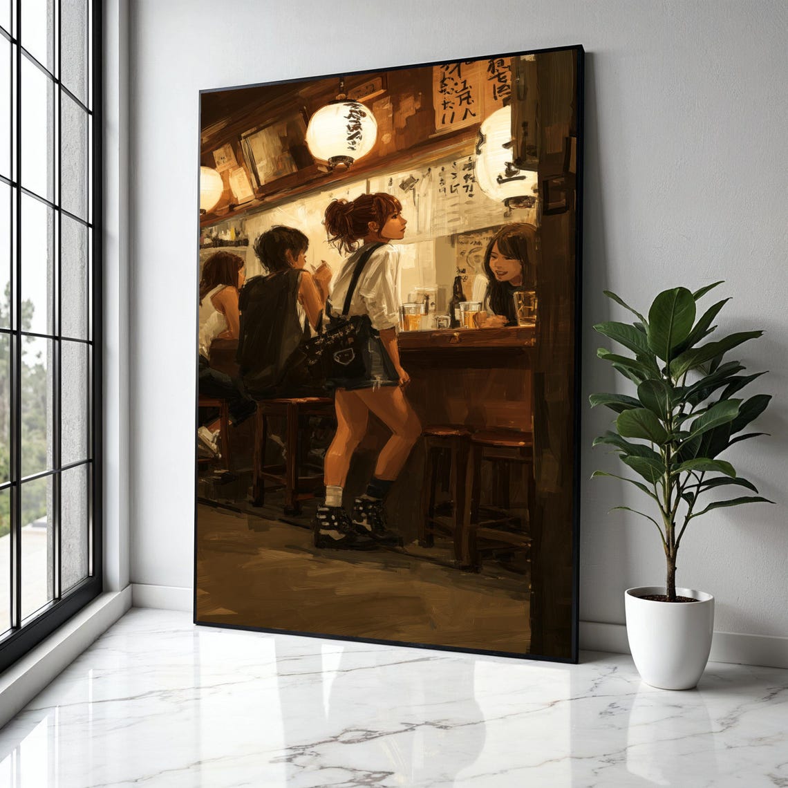 Cozy Japanese Izakaya Bar Scene Warm Lantern Evening Art Poster