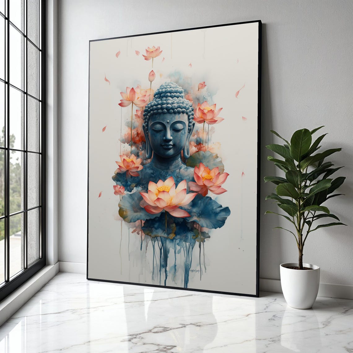 Serene Blue Buddha Bust With Pink Lotus Flowers Watercolor Poster