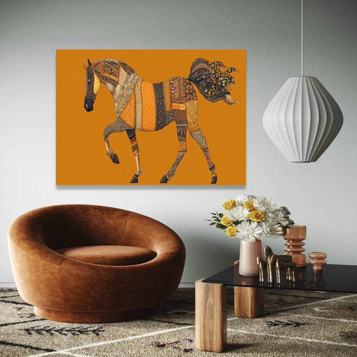 Ornate Patchwork Horse In Bohemian Patterns On Orange Poster