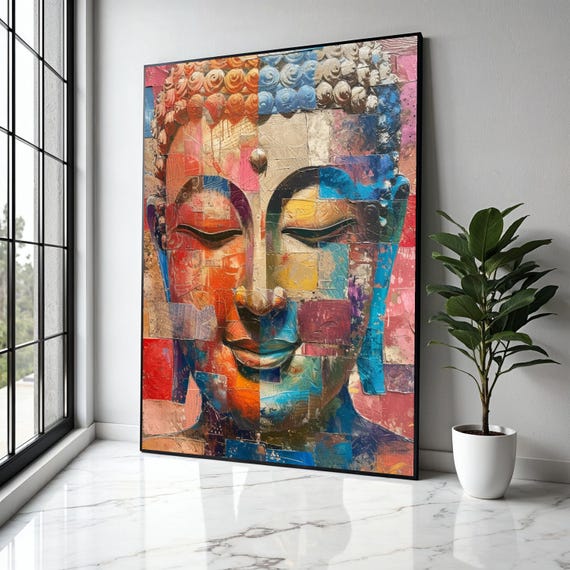 Abstract Buddha Face Canvas Wall Art Colorful Mosaic Meditation Decor Modern Spiritual Zen Home Gift Print