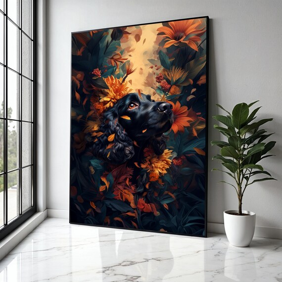 Black Spaniel Dog Autumn Orange Flowers Floral Portrait Poster