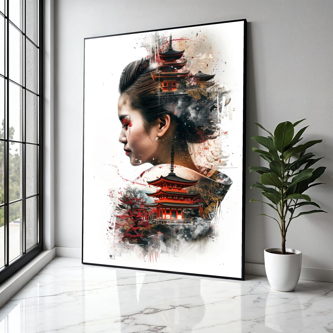 Asian Woman Pagoda Double Exposure Japanese Temple Fusion Poster