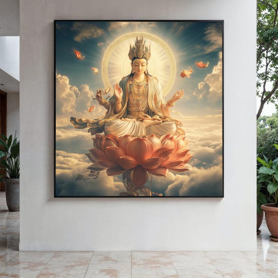Meditating Buddha On Flower Canvas Spiritual Wall Art Zen Home Decor Enlightenment Meditation Gift Print