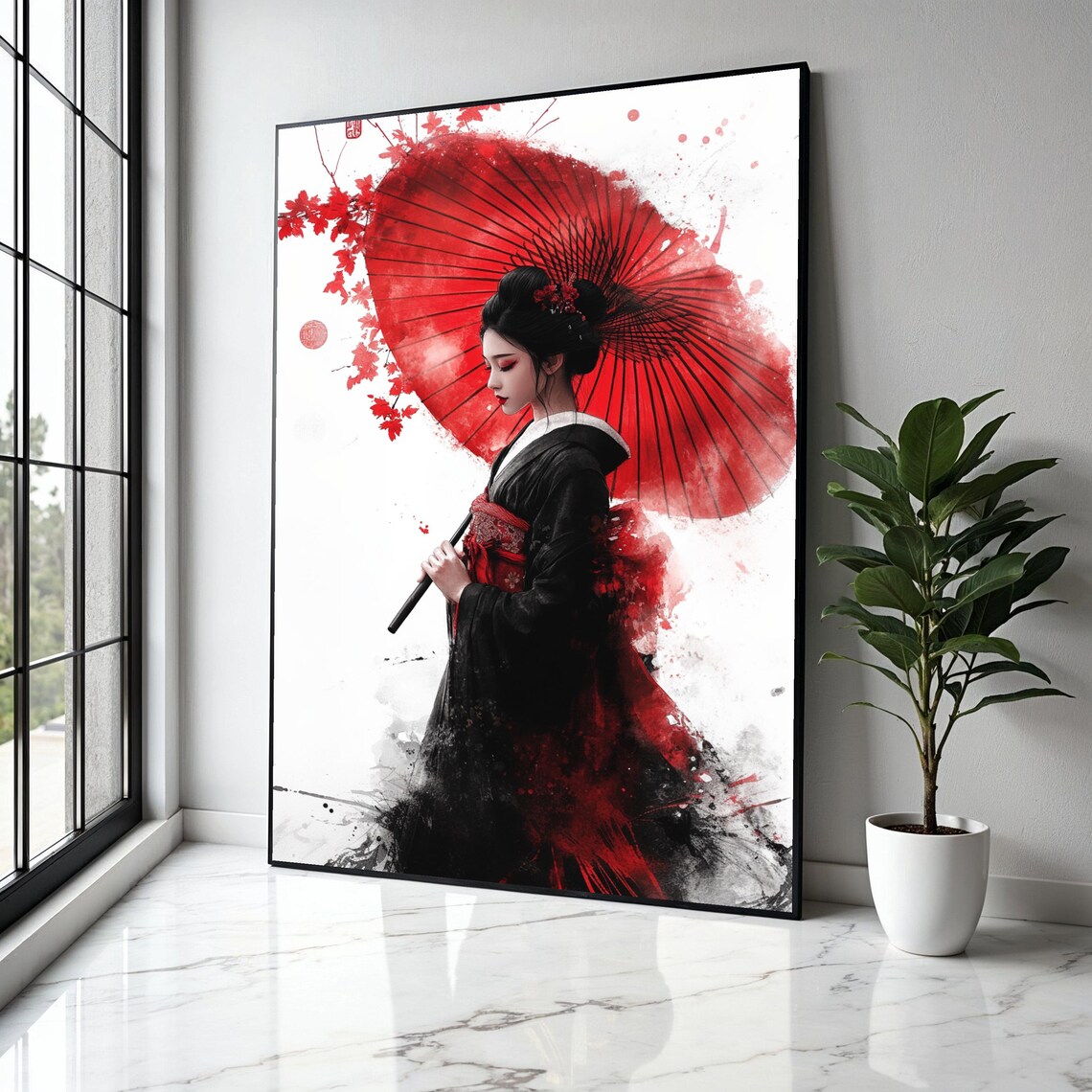 Geisha Red Paper Umbrella Maple Leaves Japanese Ink Art Poster