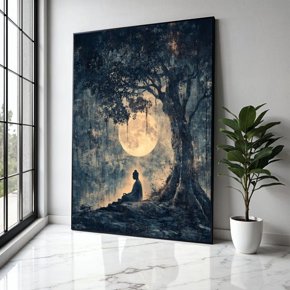 Serene Buddha Meditation Canvas Full Moon Night Wall Art Tranquil Tree Silhouette Spiritual Zen Decor Gift Home Print