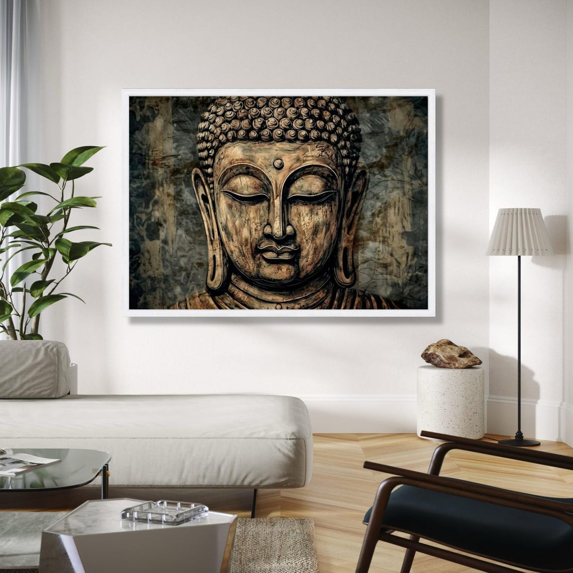 Serene Ancient Buddha Face Carved Stone Meditation Zen Wall Art