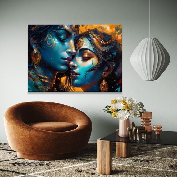 Spiritual Romance Canvas Art Krishna Radha Wall Decor Mythology Blue And Gold Abstract Gift Home Print