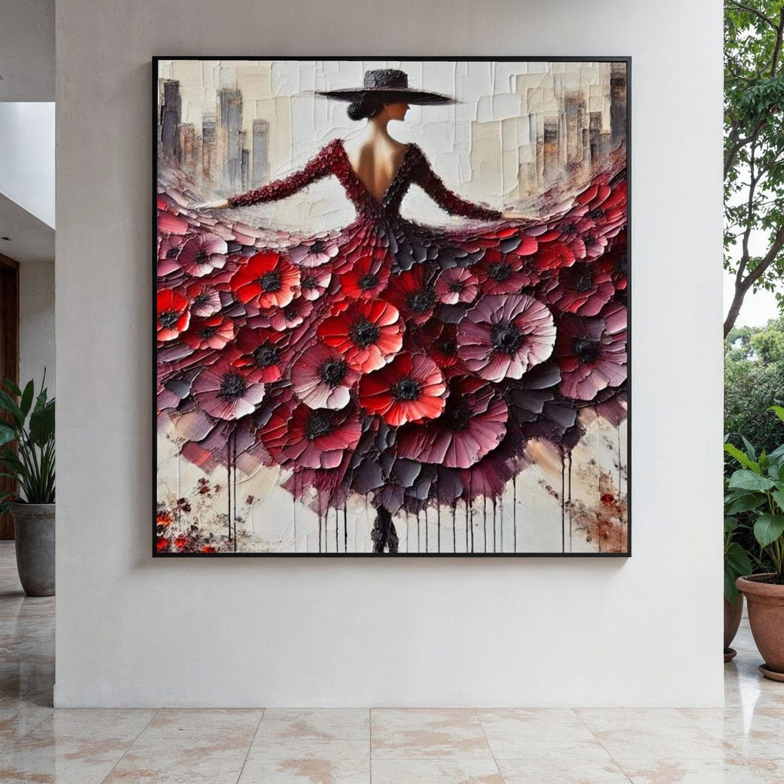 Elegant Woman In Floral Dress Canvas Red Poppy Flowers Wall Art Modern Painting Fashion And Nature Decor Gift Home Print