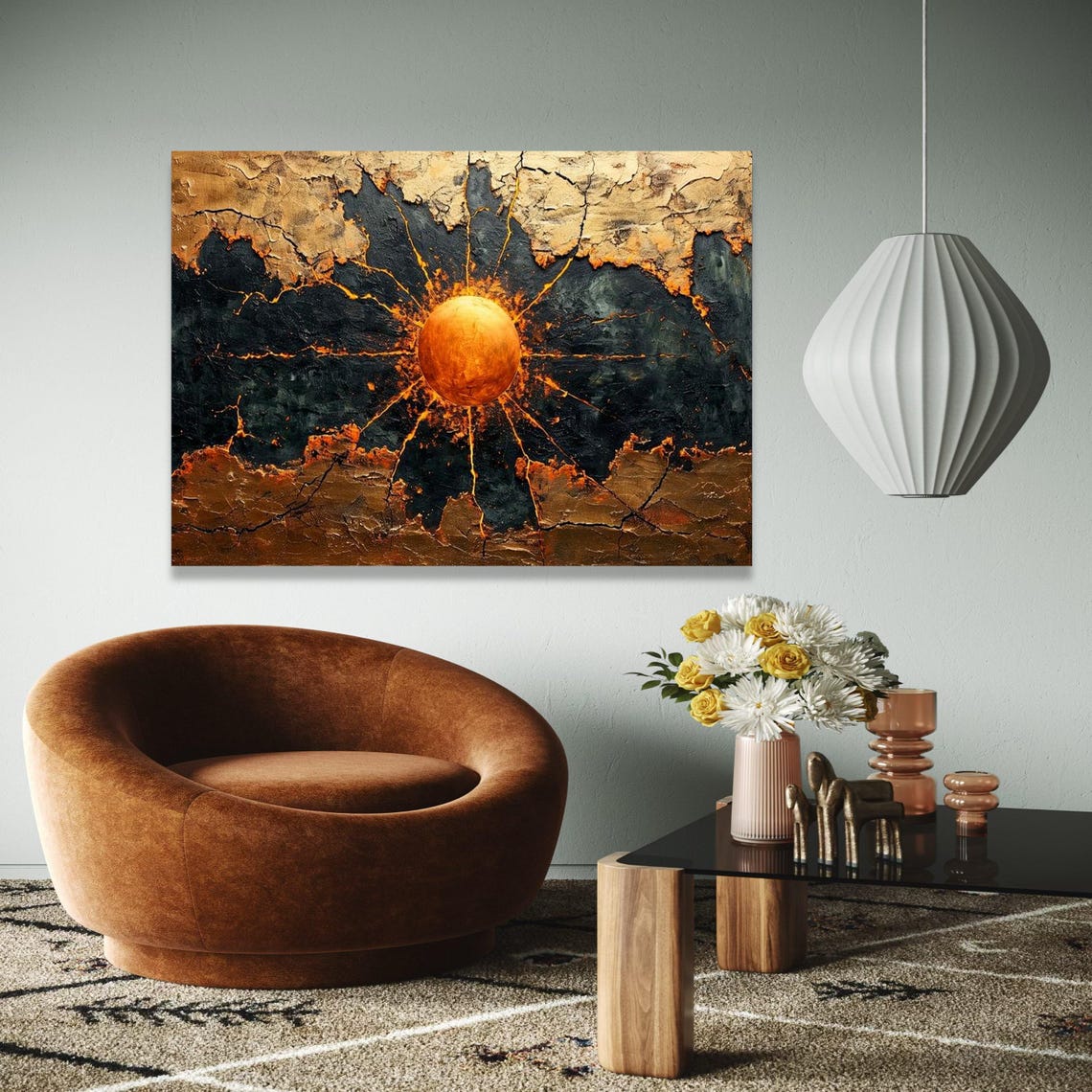 Molten Sunburst Cracked Earth Golden Orb Abstract Canvas Poster