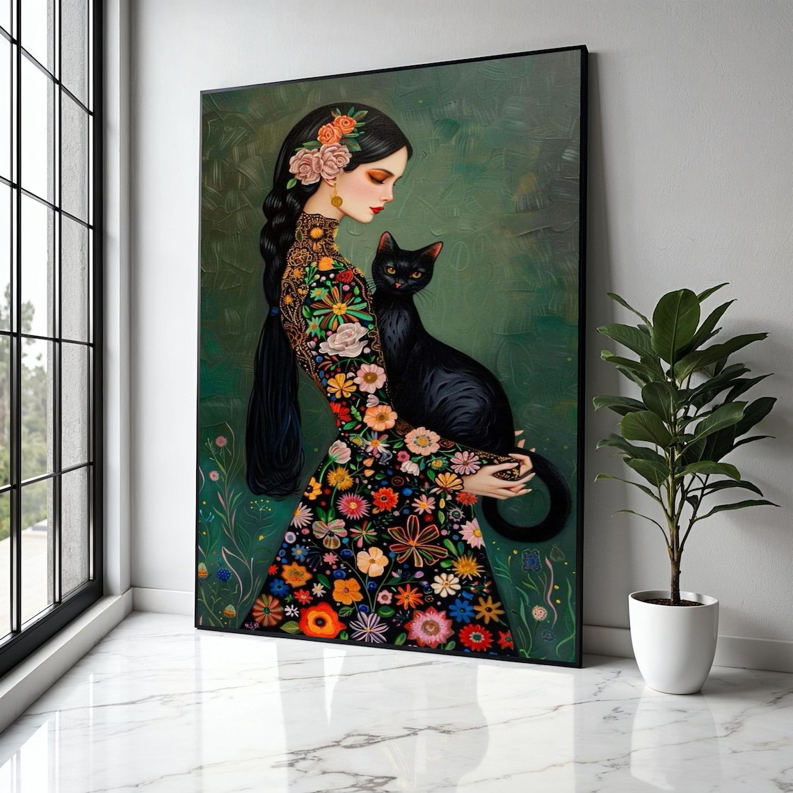 Woman Holding A Black Cat In A Folk Floral Embroidered Dress Art Poster