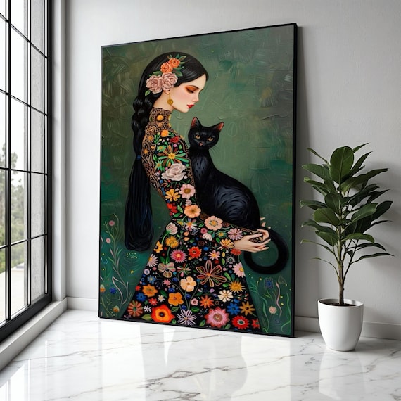 Woman Holding A Black Cat In A Folk Floral Embroidered Dress Art Poster