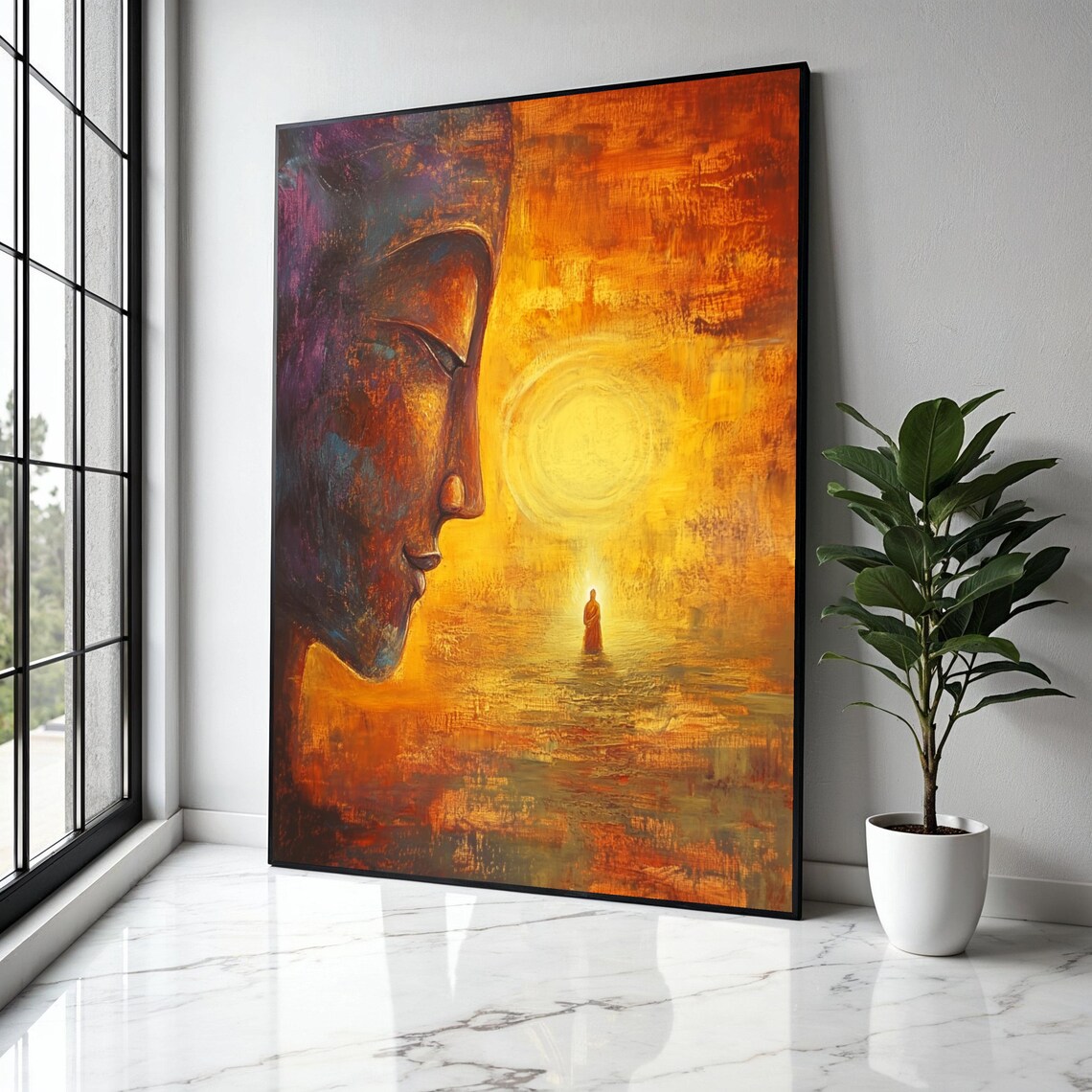 Giant Buddha Head Profile Monk Walking Toward Sun Art Poster