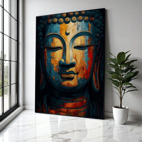 Tranquil Buddha Face Canvas Abstract Meditation Wall Art Spiritual Home Decor Colorful Painting Zen Gift Print