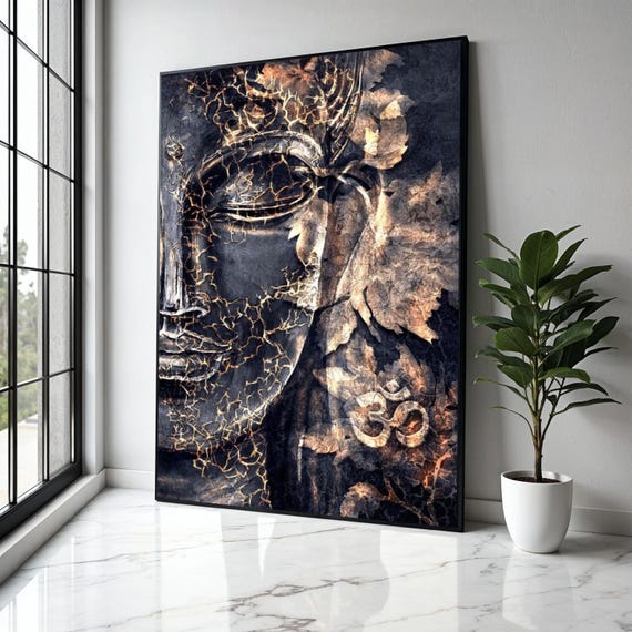 Serene Buddha Face Canvas Wall Art Spiritual Home Decor Meditation Symbol Rustic Cracked Om Sign Gift Print