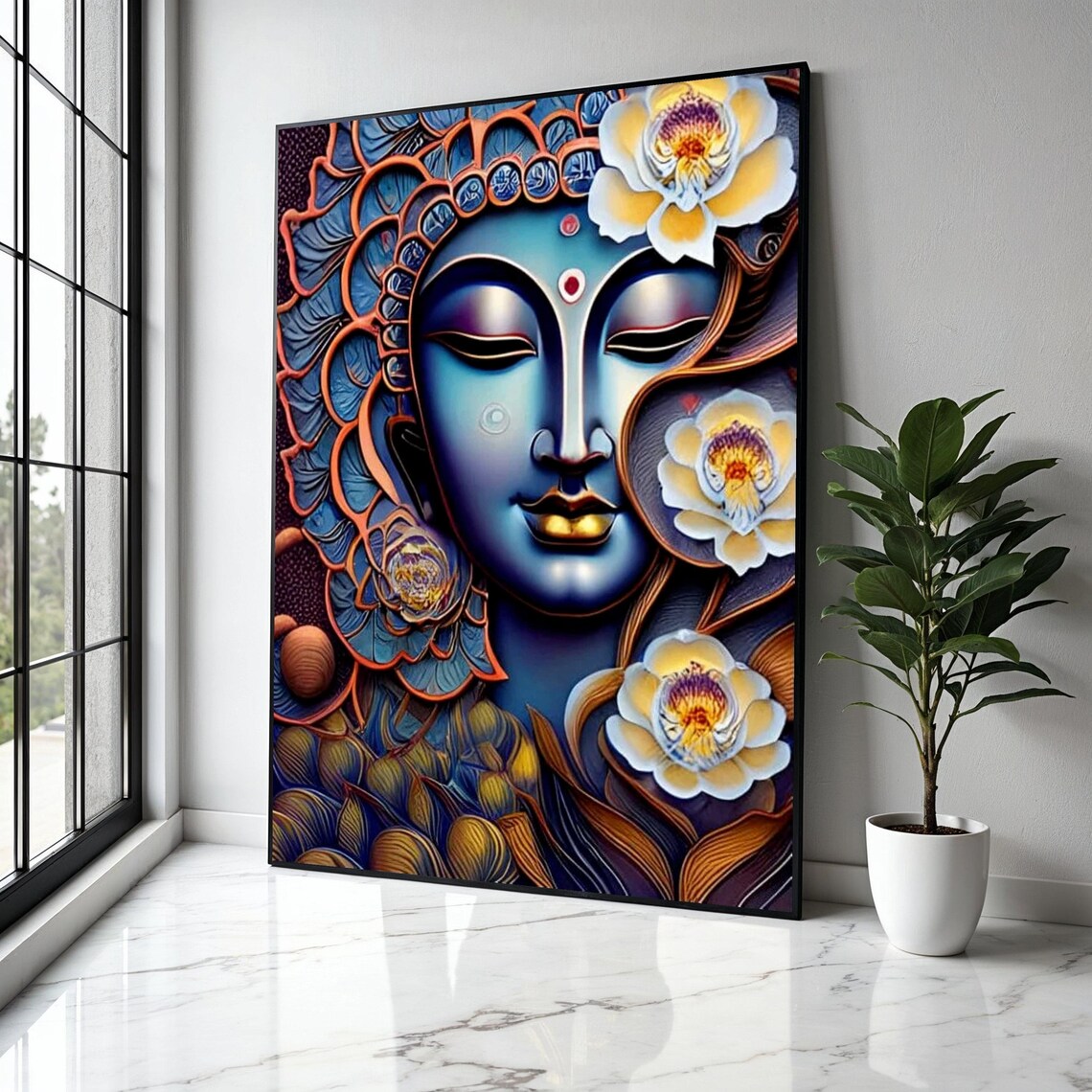Blue Buddha Face White Flowers Gold Lips Mandala Halo Spiritual Poster