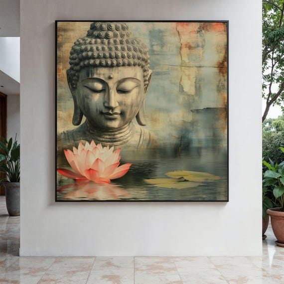 Tranquil Buddha Face Canvas Flower Water Reflection Zen Meditation Wall Art Spiritual Home Dcor Calm Gift Decor Print