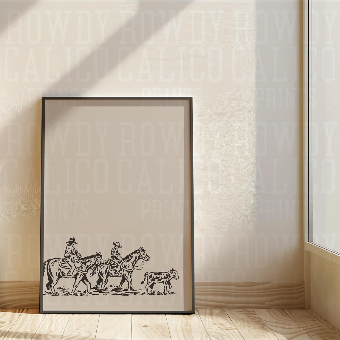 Two Cowboys Roping Calf Cream Minimalist Line Art Western Poster - Image 2
