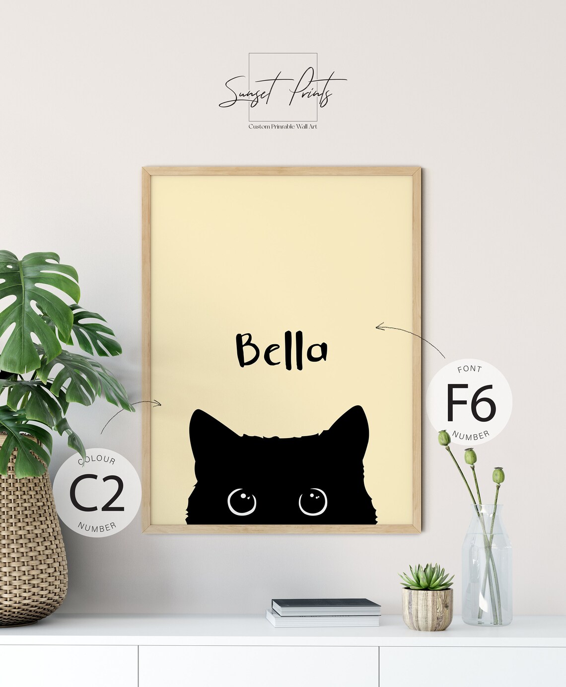 Cute Black Cat Peeking Illustration Custom Name Personalized Pet Wall Poster - Image 2