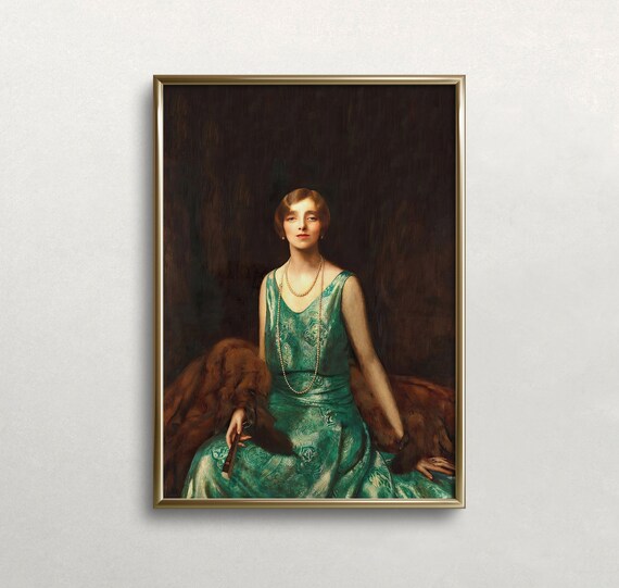 Woman In Emerald Green Dress Pearls Classic Oil Portrait Print
