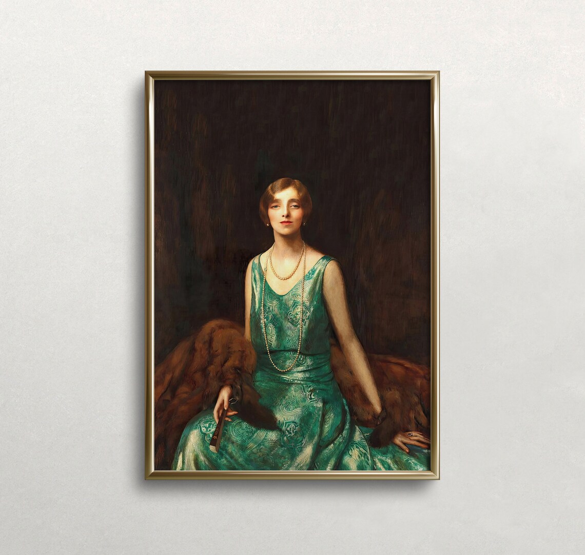 Woman In Emerald Green Dress Pearls Classic Oil Portrait Print