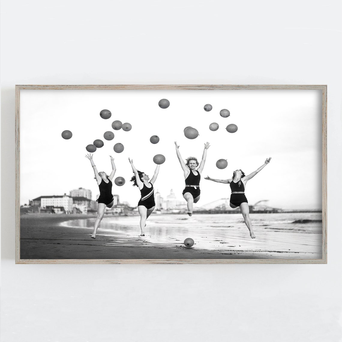 Vintage Black White Beach Women Jumping Beach Balls Photo Poster