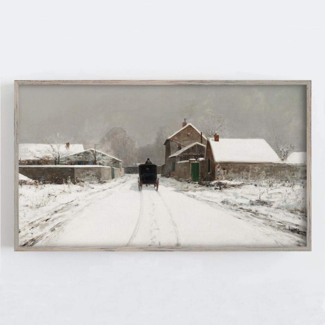 Vintage Snowy Village Street Horse Carriage Oil Painting Winter Poster