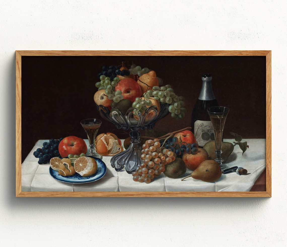 Fruit Champagne Still Life Dark Baroque Style Kitchen Scene Print - Image 2