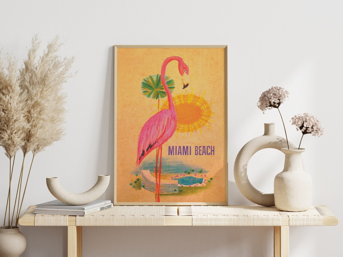 Miami Beach Pink Flamingo Vintage Travel Poster