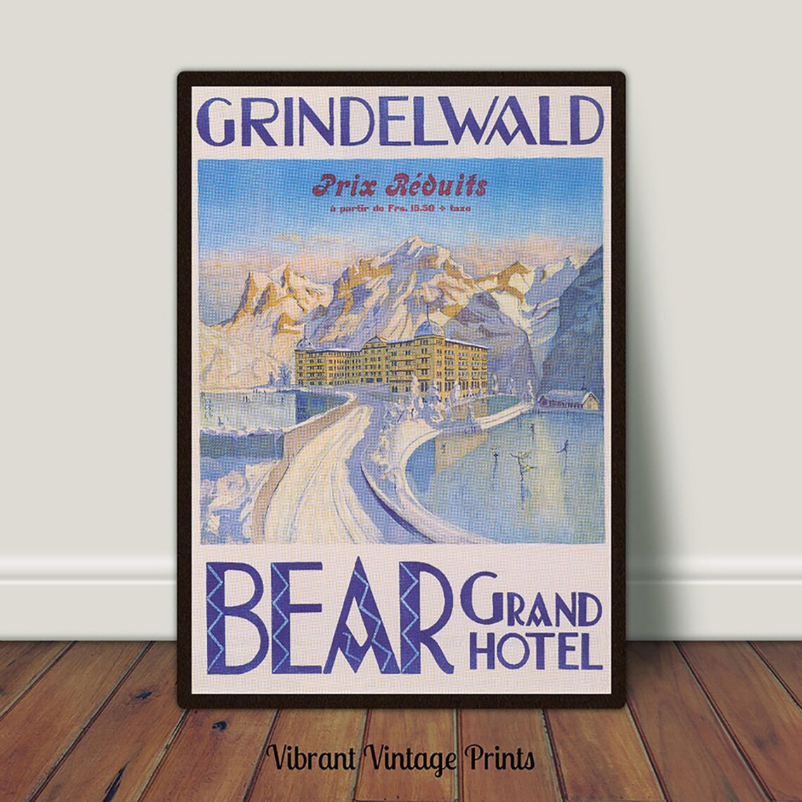 Grindelwald Switzerland Bear Grand Hotel Vintage Ski Travel Poster