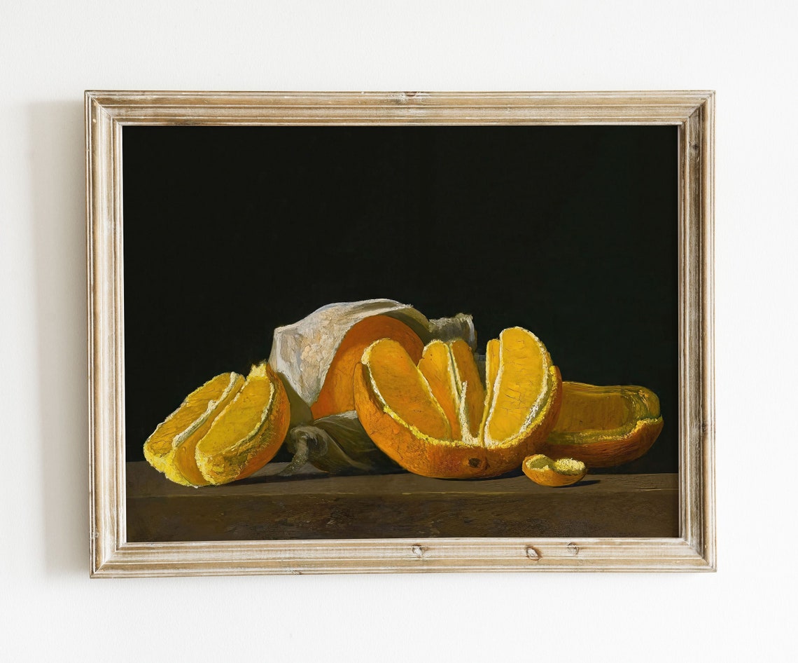 Still Life Peeled Oranges Dark Background Vintage Kitchen Wall Art