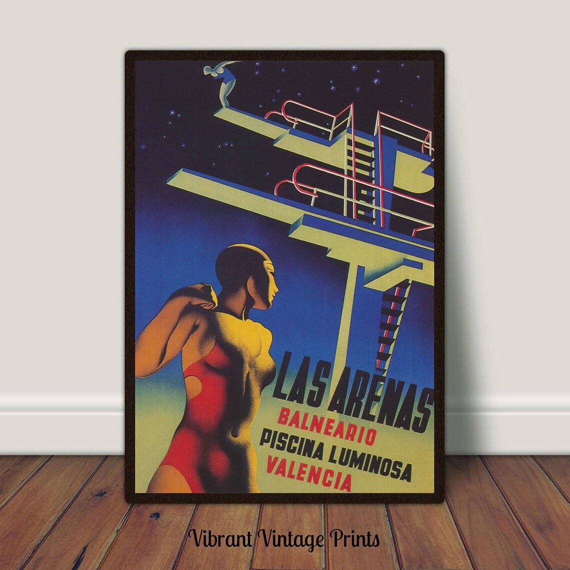 Valencia Las Arenas Balneario Night Diving Boards Pool Vintage Poster