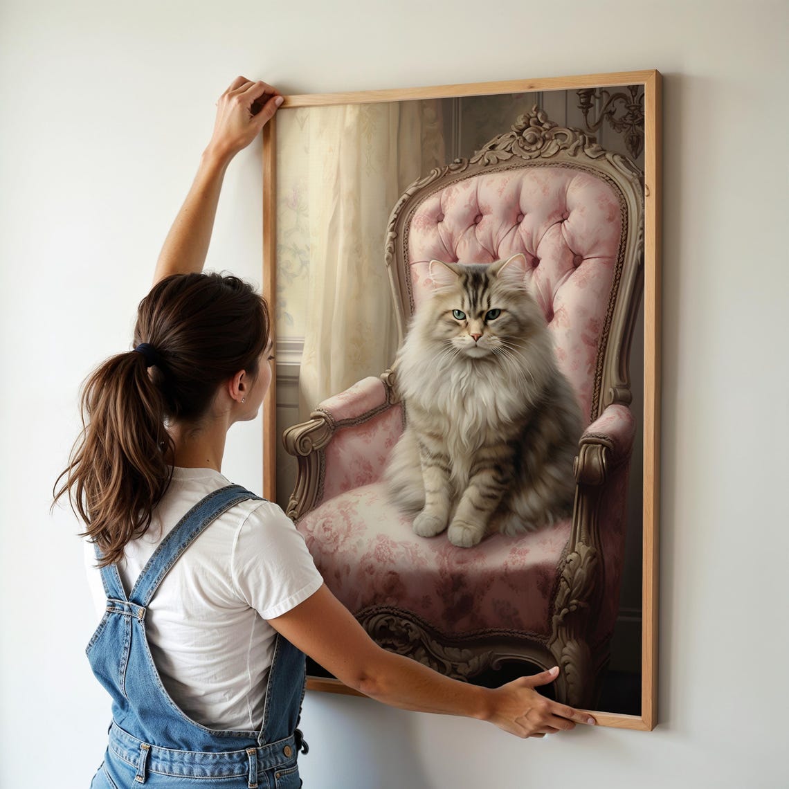 Elegant Long Haired Cat On Pink Victorian Armchair Portrait Poster - Image 3