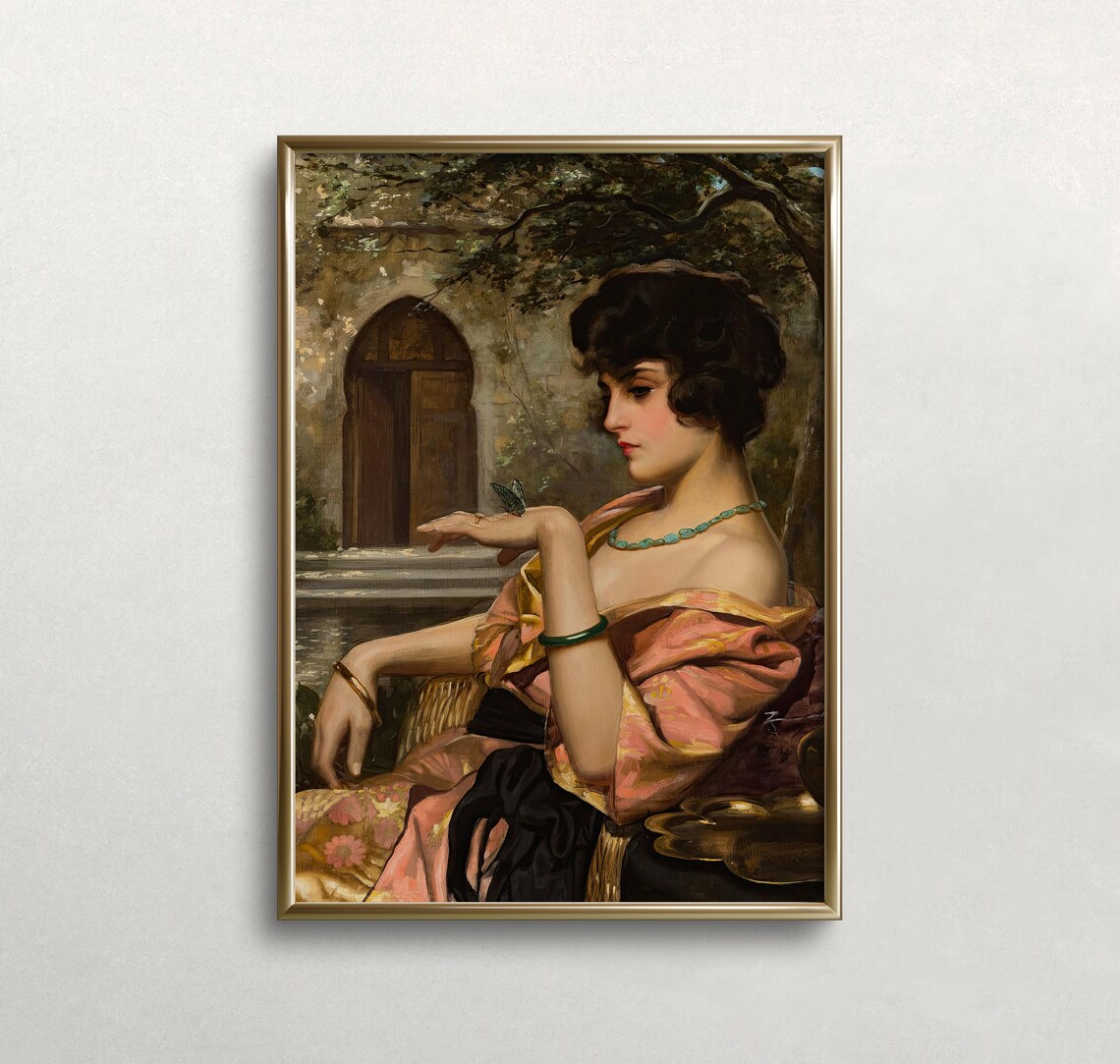 Vintage Woman With Butterfly On Hand Moody Garden Portrait Print