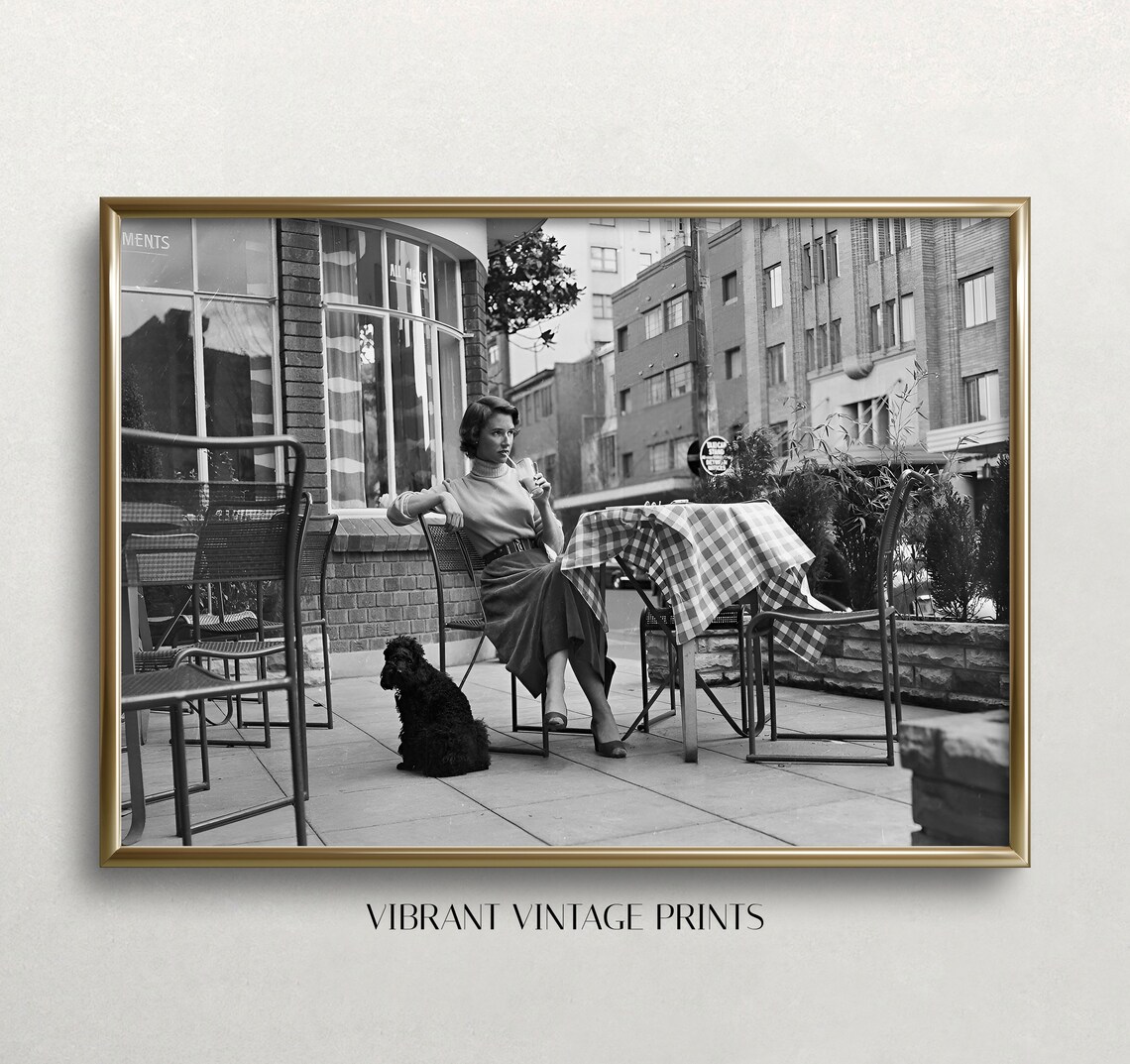 Woman and Dog at Cafe, Black and White Vintage Art Print