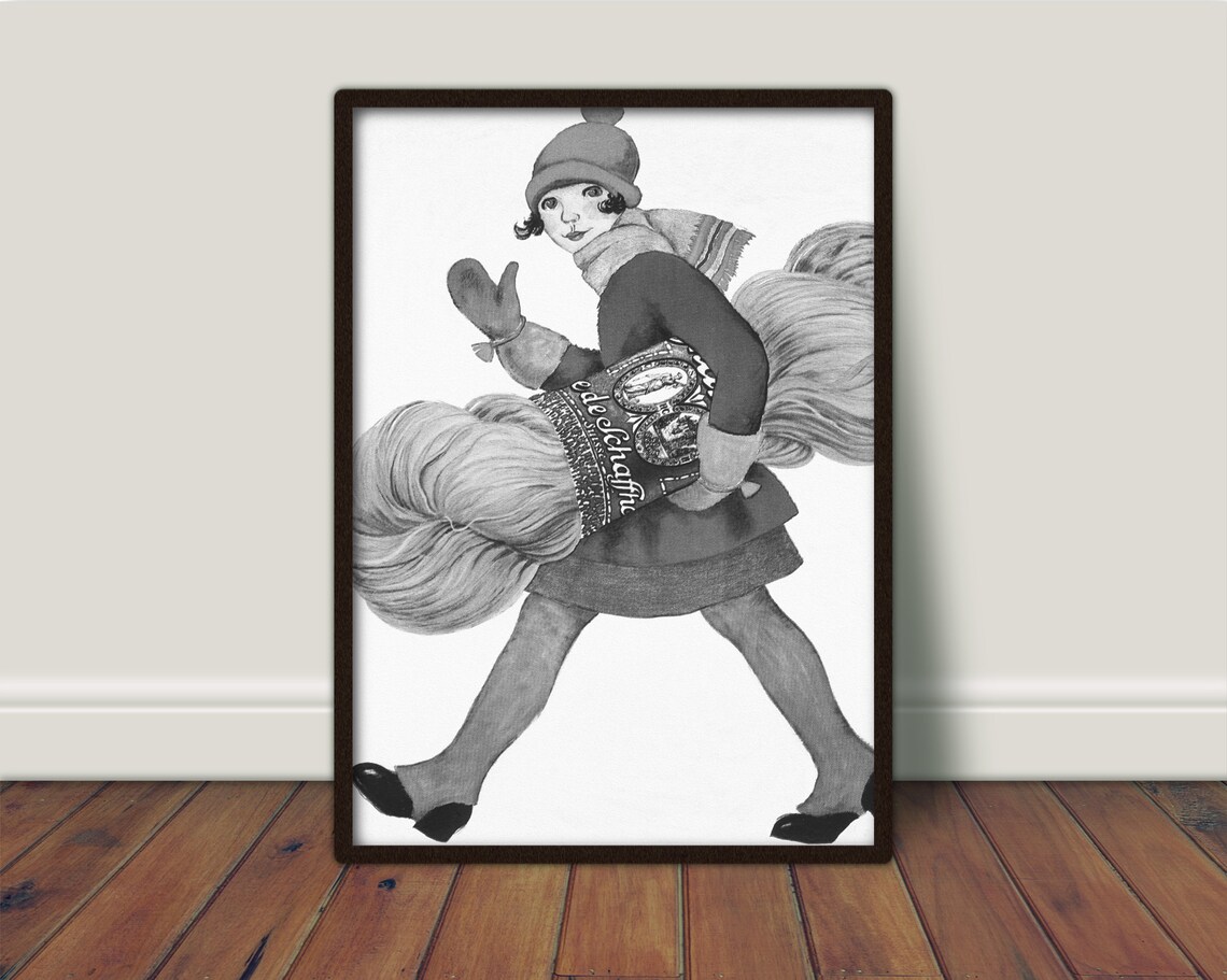 Vintage Girl Carrying Yarn Whimsical Black White Illustration Print - Image 2