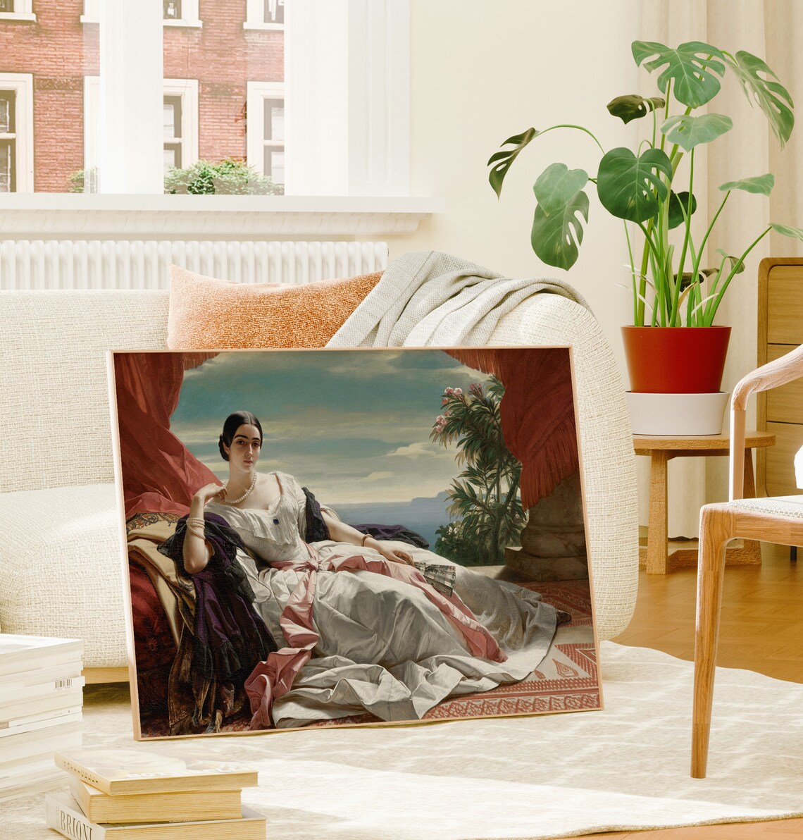 Reclining Woman in White Gown on Terrace Overlooking the Sea Poster - Image 3